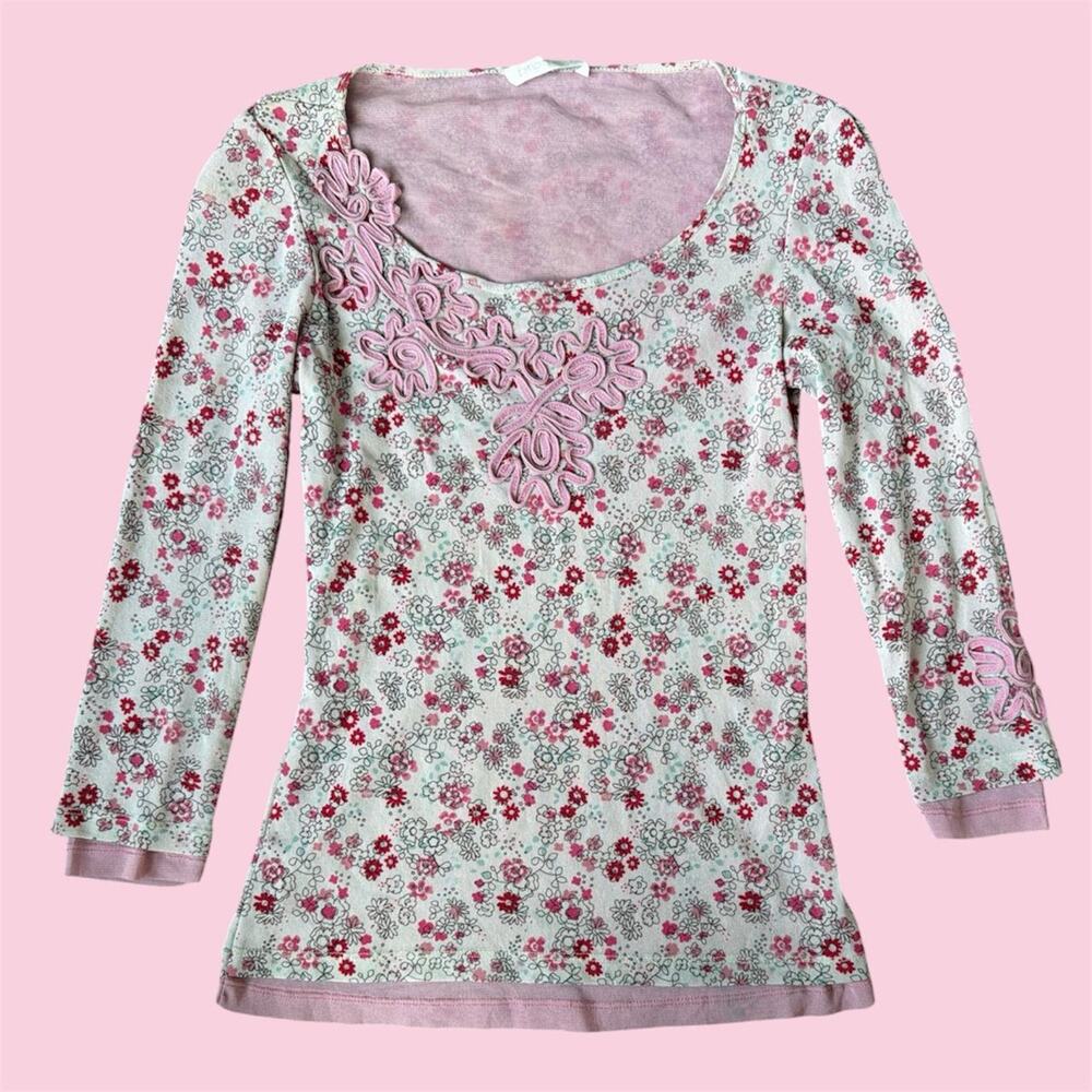 Y2K Euro Promod mesh 3/4 sleeve floral top with embroidery